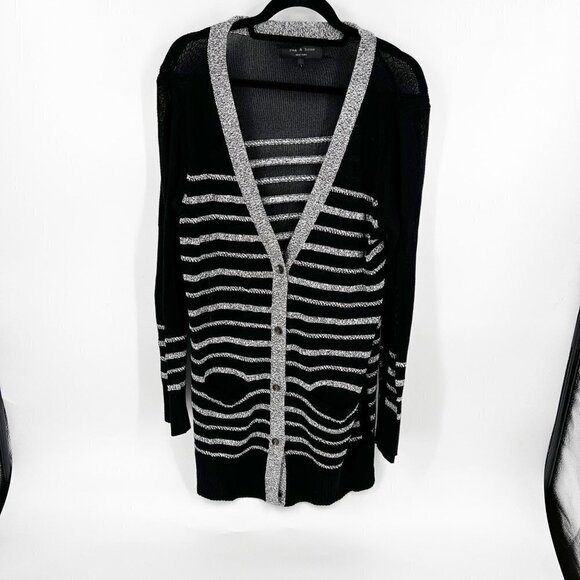 ✅ Rag & Bone Black & CREAM Long Striped COTTON Cardigan Duster SIZE LARGE - Picture 1 of 7